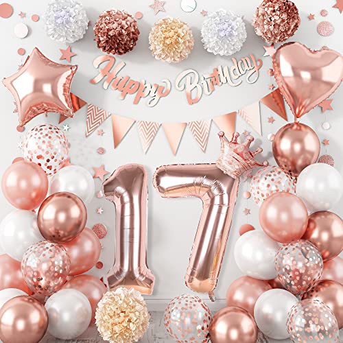 Deko 17 Geburtstag Mädchen, Roségold Konfetti Weiß 17. Geburtstagsdeko Luftballons Happy Birthday Girlande Banner Punkt Stern Wimpelkette Papier Pom Poms für 17 Jahre Geburtstag Party Dekoration von Lingqiang