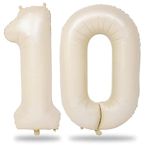 Folienballon Zahl 10 Beige, 101 cm Riesen Creme Zahlen Luftballons 10 für Mädchen Junge, Sand Weiß Luftballon 10. Geburtstag Deko für Frau Mann 10 Jahre Geburtstagsdeko Boho Jubiläum Dekoration von Lingqiang