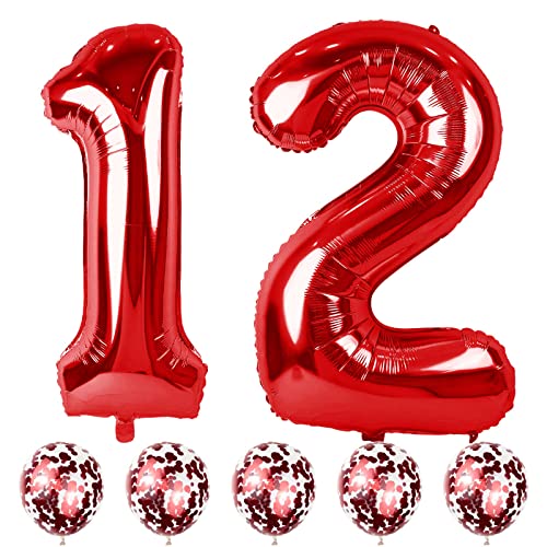 Folienballon Zahl 12 Rot, 101 cm Riesen Zahlen Luftballons 12 mit Rot Konfetti Helium Ballons für Junge, Luftballon 12. Geburtstag für Mädchen Frau Mann 12 21 Jahre Geburtstagsdeko Jubiläum Deko von Lingqiang
