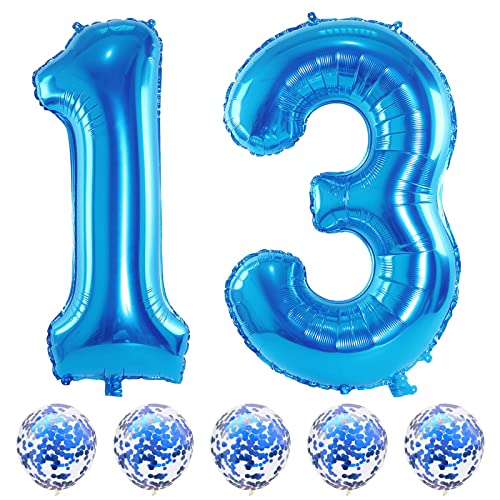Folienballon Zahl 13 Blau, 101 cm Riesen Zahlen Luftballons 13 mit Blau Konfetti Helium Ballons für Junge, Luftballon 13. Geburtstag für Mädchen Mann 13 31 Jahre Geburtstagsdeko Jubiläum Dekoration von Lingqiang