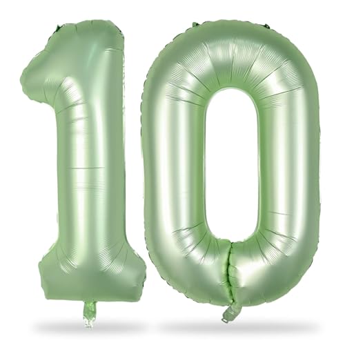 Geburtstag Zahlen Luftballon 10 Jahre, 40" Salbeigrün Folienballon Zahl 10, Grün Luftballons Zahl 10, Olivgrün Nummer 10 Geburtstagsdeko Helium Ballon für Mädchen Junge 10. Jubiläum Party Deko von Lingqiang