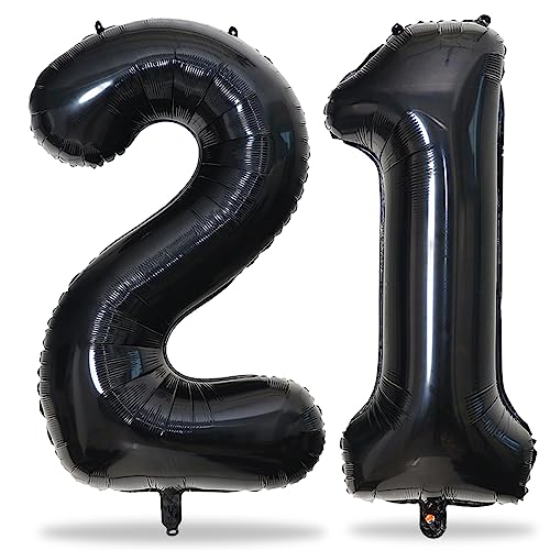 Geburtstag Zahlen Luftballon 21 Jahre, 40" Schwarz Folienballon Zahl 21, Schwarz Luftballon Zahl 21 Ballons für Mädchen, Geburtstagsdeko 21 Ballons für Frau Mann 21. Geburtstag Jubiläum Party Deko von Lingqiang