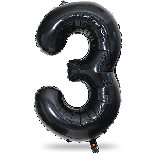 Geburtstag Zahlen Luftballon 3 jahre, 40" Groß Schwarz Folienballon Zahl 3 für Mädchen Junge, 101cm XXL Ballon 3. Geburtstagsdeko, Zahlenballon Zahl 3 zum Mann Frau Jubiläum Deko, Fliegt mit Helium von Lingqiang
