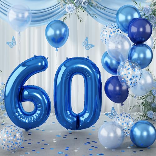 Geburtstag Zahlen Luftballon 60 Jahre, 40" Groß Marineblau Folienballon Zahl 60 für Herren, 60. Geburtstagsdeko Navy Blau Silber Konfetti Ballon, Metallic Dunkelblau Helium Ballon 60 Jubiläum Deko von Lingqiang