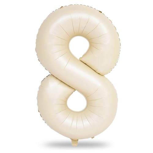 Geburtstag Zahlen Luftballon 8 jahre, 40" Groß Beige Folienballon Zahl 8 für Mädchen, Creme Helium Ballon 8. Geburtstagsdeko, Sandweiß Zahlenballon Nummer 8 zum Mann Frau Jubiläum Boho Party Deko von Lingqiang