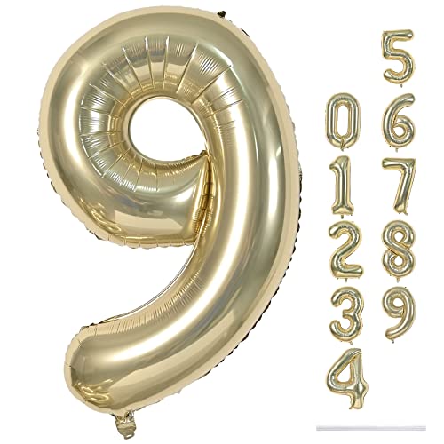 Geburtstag Zahlen Luftballon 9 jahre, 40" Groß Champagner Gold Folienballon Zahl 9 für Mädchen, 101cm Hell Gold Helium Ballon 9. Geburtstagsdeko, Gold Zahlenballon 9 zum Frau Jubiläum Party Deko von Lingqiang