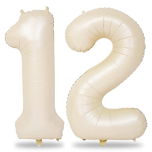 Luftballon 12. Geburtstag Deko Beige, 101 cm XXL Creme Luftballons Zahl 12 für Mädchen Junge, Große Zahlen 1 und 2 Folienballon Set für Frau Mann 12. 21. Geburtstagsdeko Jubiläum Party Dekoration von Lingqiang