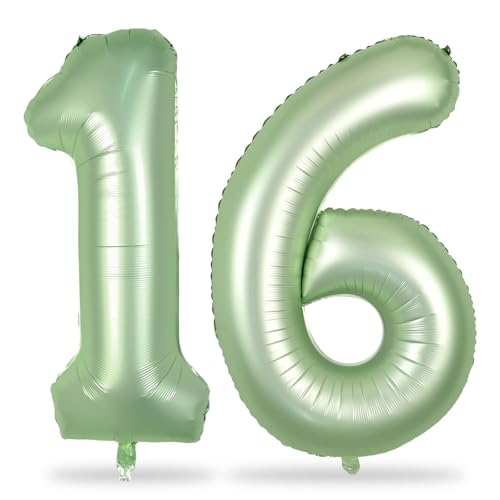 Luftballon 16. Geburtstag Deko Salbeigrün, 101 cm XXL Grün Luftballons Zahl 16 für Mädchen Junge, Große Zahlen 1 und 6 Folienballon Set für Frau Mann 16. Geburtstagsdeko Jubiläum Party Dekoration von Lingqiang