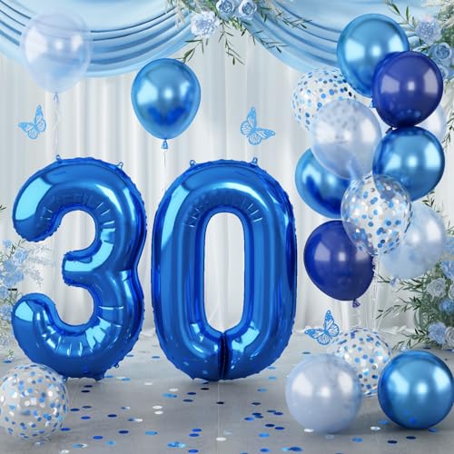 Luftballon 30. Geburtstag, 40'' Folienballon Zahl 30 Navy Blau, XXL Zahlen 30 Ballon mit Metallic Silber Konfetti Helium Ballon Geburtstagsdeko für Herren, Dunkelblau Luftballon 30 Jubiläum Party Deko von Lingqiang
