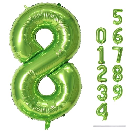 Luftballon 8. Geburtstag, Folienballon Zahl 8 Grün, 40 Zoll XXL Riesen Zahlen 8 Ballon Geburtstagsdeko für Kinder Mädchen Junge， Luftballon Zahl zum Mann Frau 8. 18. Jubiläum Deko, Fliegt mit Helium von Lingqiang