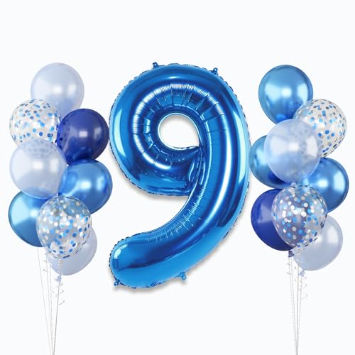 Luftballon 9. Geburtstag, 40'' Folienballon Zahl 9 Navy Blau, Groß Zahlen 9 Ballon mit Silber Konfetti Helium Ballon Geburtstagsdeko für Kinder, Dunkelblau Luftballon Zahl 9 zum Jubiläum Party Deko von Lingqiang