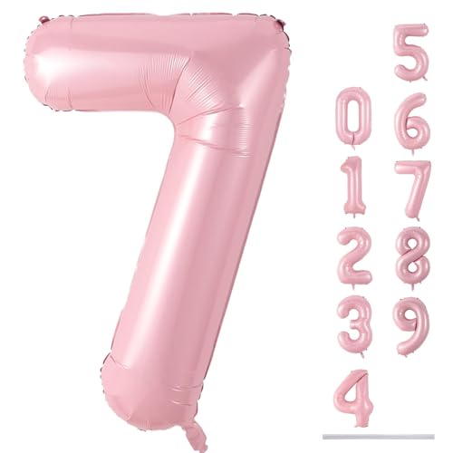 Luftballon Geburtstag XXL Rosa, 40 Zoll Groß Pastell Rosa Zahl 7 Folienballon, 101cm Pink Zahlen 7. Geburtstagsdeko Ballon für Mädchen, Helium Zahlenballon 7 Deko zum Frau Jubiläum Party Deko von Lingqiang