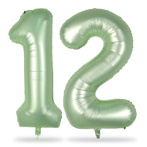 Luftballon Geburtstag Zahl 12 Salbeigrün, 40" XXL Grün Folienballon Zahlen 12 Ballons, Olivgrün Nummer 1 und 2 Geburtstagsdeko Luftballons für Mädchen Frau 12. Jubiläum Party Deko, Fliegt mit Helium von Lingqiang