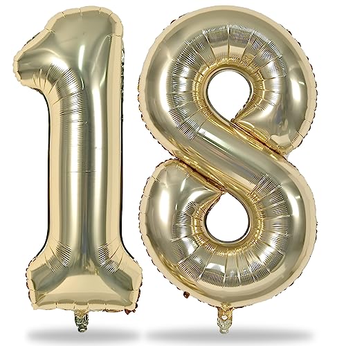Luftballon Geburtstag Zahl 18 Hell Gold, XXL Champagner Gold Folienballon Zahlen 1 und 8, 18 Jahre Geburtstagsdeko für Mädchen Junge, 18. Geburtstag Helium Ballons Männer Frau Jubiläum Party Deko von Lingqiang