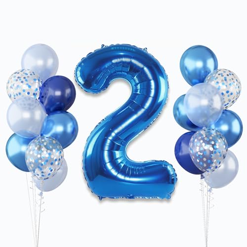 Luftballon Geburtstag Zahl 2 Dunkelblau, Riesen Folienballon Zahlen 2 mit Blau Silber Konfetti Ballon, 40'' Helium 2 Geburtstagsdeko Metallic Marineblau Latexballon für Junge 2. Geburtstag Party Deko von Lingqiang