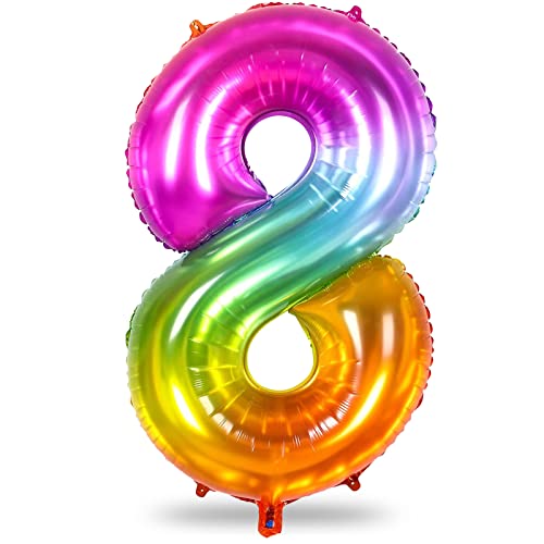 Luftballon Geburtstag Zahl 8 Regenbogen, 40" Riesen Bunt Folienballon Zahlen 8, 101cm XXL Zahlenballon 8. Geburtstagsdeko für Mädchen, Helium Ballon Zahl 8 Deko zum Frau Jubiläum Kindergeburtstag von Lingqiang