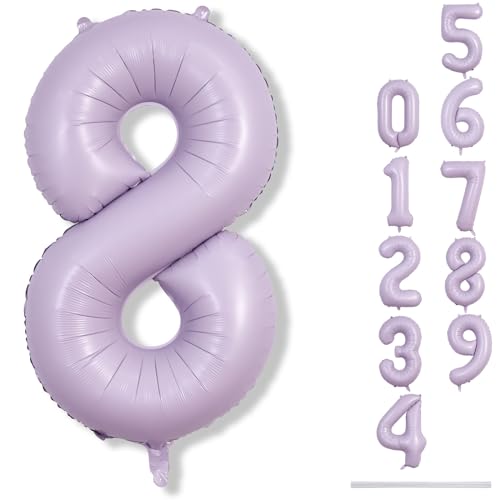 Luftballon Zahlen Hell Lila, 100cm Groß Folienballon Zahl 8 Pastell Lilac, 40 Zoll Flieder Zahlenballon 8, Helium Ballon 8. Geburtstag für Mädchen 8 18 Jahre Geburtstagsdeko Frau Jubiläum Party Deko von Lingqiang