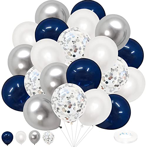 Luftballons Blau Silber Weiß 30 Pack 12 Zoll Retro Saphir Blau Metallic Silber Weiss Latex Konfetti Ballons Set Königlich Blau Geburtstag Babyparty Hochzeitstag Abschluss Party Ballons Dekorationen von Lingqiang