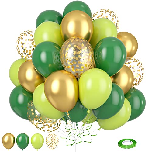 Luftballons Grün Gold Geburtstag, 30 Stück 12 Zoll Salbeigrün Metallic Gold Ballons Set mit Konfetti Ballons, Retro Dunkel Hell Grün Latex Ballons für Dschungel Safari Babyparty Party Dekorationen von Lingqiang