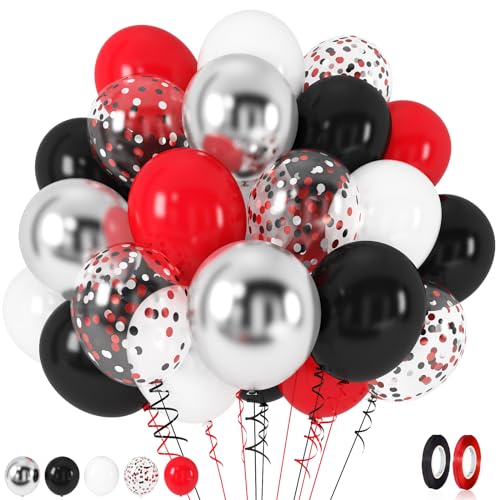 Luftballons Rot Schwarz, 60 Stück Matt Schwarz Rot Weiß Silber Metallic Helium Ballons mit Konfetti Latexballons Set für Jungen Geburtstag Babyparty Hochzeit Abschluss Casino Karneval Party Dekoration von Lingqiang