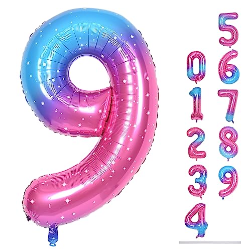 Regenbogen Folienballon Zahl 9, 101 cm Rosa Blau Zahlenballon 9 für Mädchen, Gradient Pink Blau Stern Zahlen Luftballon 9. Geburtstag Helium Ballon 9 für Frau Geburtstagsdeko Jubiläum Party Deko von Lingqiang
