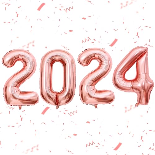 Rosegold 2024 Folienballons, 101cm Silvester Deko Zahlen 2024 Party Luftballons Set für Frau, Zahl 2024 Abschluss Helium Ballons Set für Mädchen Neujahr Abschlussball Happy New Year Party Dekoration von Lingqiang