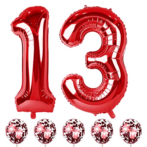 Rot Luftballon 13. Geburtstag Mädchen, XXL Riesen Zahl 13 Luftballons mit Rot Konfetti Ballons, Folienballon Zahlen 1 & 3 für Junge Frau 13. 31. Geburtstagsdeko Jubiläum Party Deko, Fliegt mit Helium von Lingqiang
