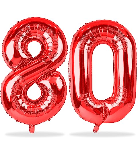 Rot Luftballon 80. Geburtstag Deko, XXL Riesen Luftballons Zahl 80, 40 Zoll Folienballon Zahlen 8 & 0 für Männer Frauen 80 Jhare Geburtstagsdeko Jubiläum Party Dekoration, Fliegt mit Helium von Lingqiang
