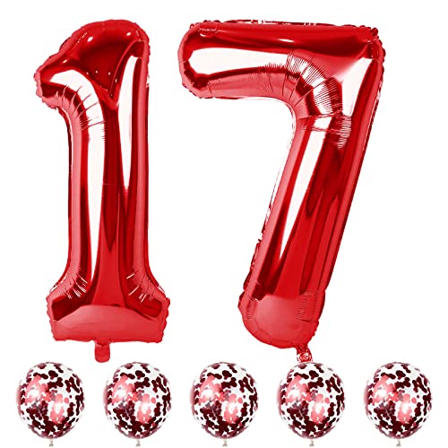 Rot Luftballon Zahl 17, 40" Folienballons Zahlen 17 mit Rot Konfetti Helium Ballons, Riesen Nummer 1 und 7 Geburtstag Luftballons für Mädchen Junge Frau Mann 17. 71. Geburtstagsdeko Jubiläum Deko von Lingqiang