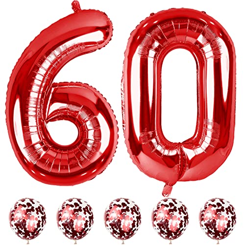 Rot Luftballon Zahl 60, 40" Folienballons Zahlen 60 mit Rot Konfetti Ballons, Riesen Nummer 6 & 0 Geburtstag Luftballons für Frau Mann 60. Geburtstagsdeko Jubiläum Party Dekoration, Fliegt mit Helium von Lingqiang