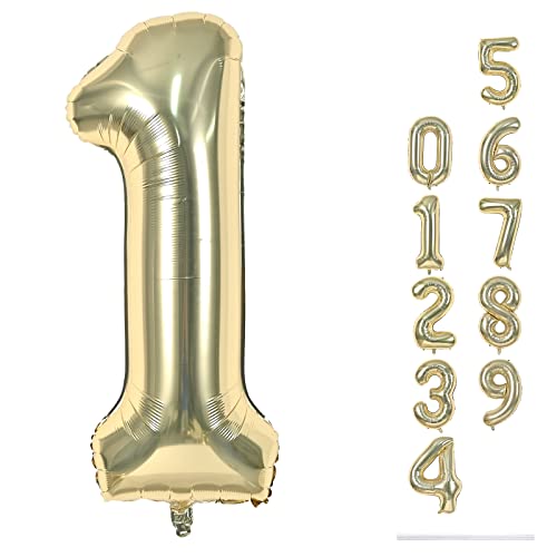 Zahlen 1 Luftballon Champagner Gold, 101cm Hell Gold Folienballon Zahl 1, 40 Zoll Zahlenballon 1 Helium Ballon, Luftballon 1. Geburtstag für 1 Jahre Mädchen Junge Geburtstagsdeko Babyparty Party Deko von Lingqiang