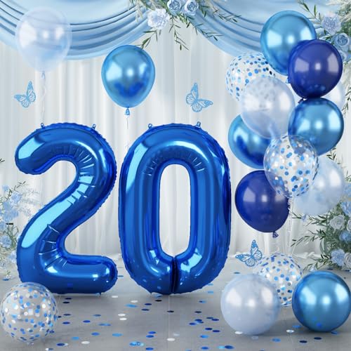 Zahlen Luftballon Navy Blau, Groß Folienballon 20 mit Metallic Blau Silber Konfetti Latexballons, 40'' Dunkelblau Helium Luftballon 20. Geburtstag für 20 Jahre Frau Geburtstagsdeko Party Deko von Lingqiang