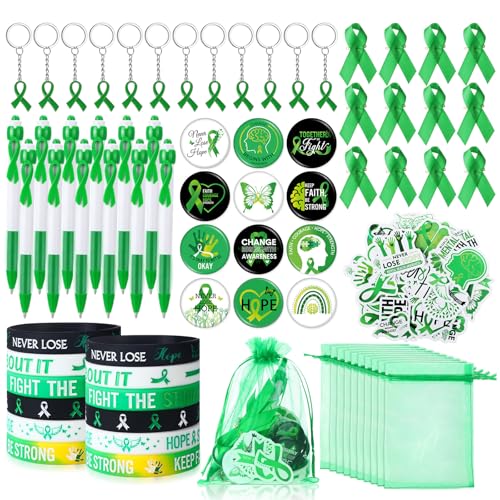 Lingvee 122 Stück Mental Health Awareness Gifts Bulk Green Awareness Items Includes Mental Health Ribbons Bracelets Stickers Pins Pens Keychain for Charitable Activities Celebration Accessories von Lingvee