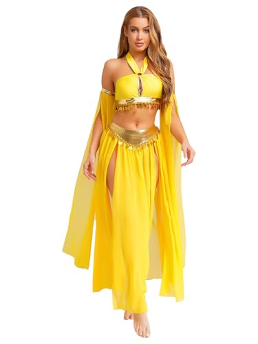 Linjinx Bauchtanz Kostüm 3-teilig Damen Ärmellos Bauchfreien Tops Seitenschlitzen Chiffonrock und Split Ärmel Frauen Tanzkostüm Gelb M Linjinx Bauchtanz Kostüm 3-teilig Damen Ärmellos Bauchfreien Tops Seitenschlitzen Chiffonrock und Split Ärmel Frauen Tanzkostüm Gelb M von Linjinx