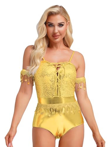 Linjinx Damen 80er Jahre Bodysuit Metallic Jumpsuit mit Armärmeln Pailletten Quasten Overall Frauen Tanzbody Disco Kostüm Clubwear Gold L Linjinx Damen 80er Jahre Bodysuit Metallic Jumpsuit mit Armärmeln Pailletten Quasten Overall Frauen Tanzbody Disco Kostüm Clubwear Gold L von Linjinx