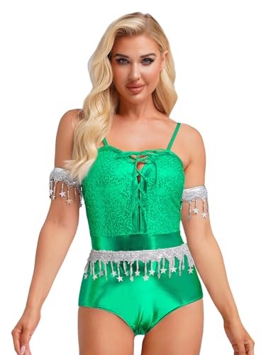 Linjinx Damen 80er Jahre Bodysuit Metallic Jumpsuit mit Armärmeln Pailletten Quasten Overall Frauen Tanzbody Disco Kostüm Clubwear Grün XL Linjinx Damen 80er Jahre Bodysuit Metallic Jumpsuit mit Armärmeln Pailletten Quasten Overall Frauen Tanzbody Disco Kostüm Clubwear Grün XL von Linjinx