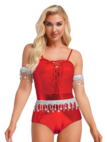 Linjinx Damen 80er Jahre Bodysuit Metallic Jumpsuit mit Armärmeln Pailletten Quasten Overall Frauen Tanzbody Disco Kostüm Clubwear Rot L von Linjinx