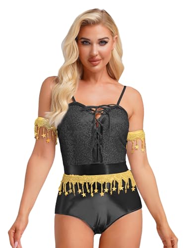 Linjinx Damen 80er Jahre Bodysuit Metallic Jumpsuit mit Armärmeln Pailletten Quasten Overall Frauen Tanzbody Disco Kostüm Clubwear Schwarz M Linjinx Damen 80er Jahre Bodysuit Metallic Jumpsuit mit Armärmeln Pailletten Quasten Overall Frauen Tanzbody Disco Kostüm Clubwear Schwarz M von Linjinx