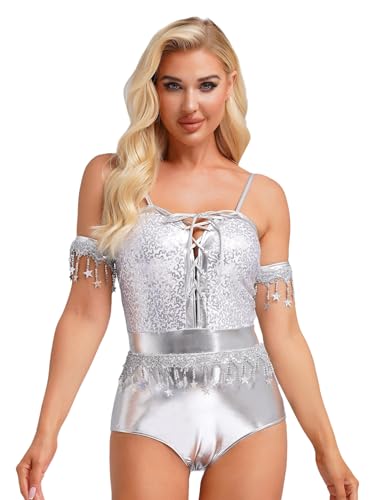 Linjinx Damen 80er Jahre Bodysuit Metallic Jumpsuit mit Armärmeln Pailletten Quasten Overall Frauen Tanzbody Disco Kostüm Clubwear Silber XXL Linjinx Damen 80er Jahre Bodysuit Metallic Jumpsuit mit Armärmeln Pailletten Quasten Overall Frauen Tanzbody Disco Kostüm Clubwear Silber XXL von Linjinx