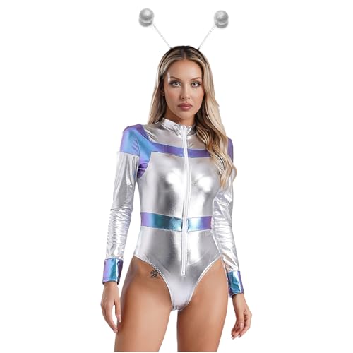 Linjinx Damen Astronaut Kostüm Raumfahrer Metallic Glänzend Body Langarm Bodysuit mit Haarreifen Raumanzug Halloween Spacegirl Weltall Outfit Silber XXL von Linjinx