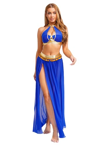 Linjinx Damen Bauchtanz Kostüm Set Hollow Out Tanktops Neckholder Trägertop und Hohe Schlitz Rock Frauen Partys Tanzkleidung Blau M von Linjinx