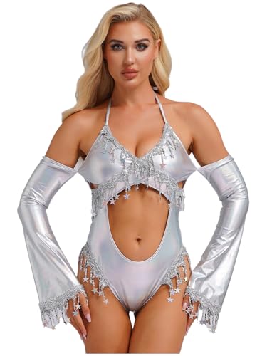 Linjinx Damen Glänzend Bodysuit Wetlook Bodys Rückfreier Jumpsuit Neckholder Einteiliger Cut-Outs Overall Nachtclub Outfit Silber L Linjinx Damen Glänzend Bodysuit Wetlook Bodys Rückfreier Jumpsuit Neckholder Einteiliger Cut-Outs Overall Nachtclub Outfit Silber L von Linjinx