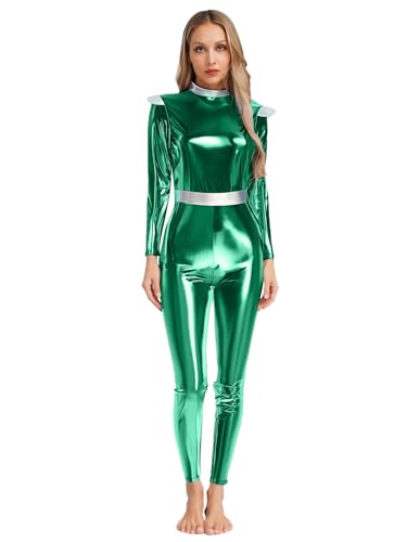 Linjinx Damen Glänzender Metallischer Bodysuit Space Girl Alien Kostüm Jumpsuit Holographische Langarm Für Fasching Karneval Mottoparty Grün L von Linjinx
