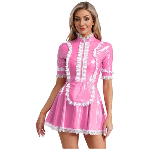 Linjinx Damen Gothic Dienstmädchen Kostüm Lack Leder Kleider Kurzarm Glänzend PU Leder Spitze A-Linie Hemdkleid Blusenkleid mit Schürze Rosa XXL Linjinx Damen Gothic Dienstmädchen Kostüm Lack Leder Kleider Kurzarm Glänzend PU Leder Spitze A-Linie Hemdkleid Blusenkleid mit Schürze Rosa XXL von Linjinx