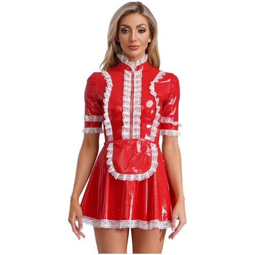 Linjinx Damen Gothic Dienstmädchen Kostüm Lack Leder Kleider Kurzarm Glänzend PU Leder Spitze A-Linie Hemdkleid Blusenkleid mit Schürze Rot 4XL Linjinx Damen Gothic Dienstmädchen Kostüm Lack Leder Kleider Kurzarm Glänzend PU Leder Spitze A-Linie Hemdkleid Blusenkleid mit Schürze Rot 4XL von Linjinx