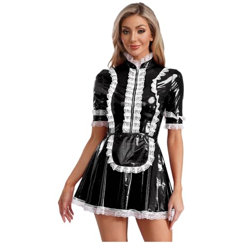Linjinx Damen Gothic Dienstmädchen Kostüm Lack Leder Kleider Kurzarm Glänzend PU Leder Spitze A-Linie Hemdkleid Blusenkleid mit Schürze Schwarz XL Linjinx Damen Gothic Dienstmädchen Kostüm Lack Leder Kleider Kurzarm Glänzend PU Leder Spitze A-Linie Hemdkleid Blusenkleid mit Schürze Schwarz XL von Linjinx