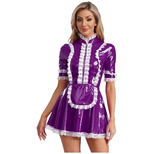 Linjinx Damen Gothic Dienstmädchen Kostüm Lack Leder Kleider Kurzarm Glänzend PU Leder Spitze A-Linie Hemdkleid Blusenkleid mit Schürze Violett M Linjinx Damen Gothic Dienstmädchen Kostüm Lack Leder Kleider Kurzarm Glänzend PU Leder Spitze A-Linie Hemdkleid Blusenkleid mit Schürze Violett M von Linjinx
