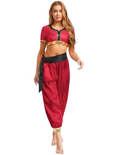 Linjinx Damen Halloween Outfit 2-teilig Pailletten Slim Fit Oberteil und Loose Tanzhose mit Gürtel Frauen Bauchtanz Kostüm Burgundy XL Linjinx Damen Halloween Outfit 2-teilig Pailletten Slim Fit Oberteil und Loose Tanzhose mit Gürtel Frauen Bauchtanz Kostüm Burgundy XL von Linjinx