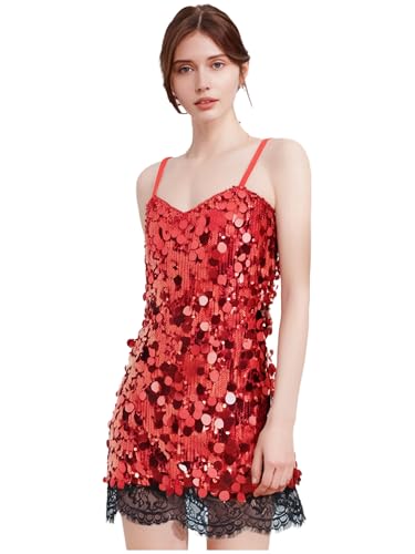 Linjinx Damen Metallic Kleid Slim Fit Partykleid Tube Club Cocktailkleid Rückenfrei Minikleid Spaghetti Trägerkleid Clubwear Rot XL von Linjinx