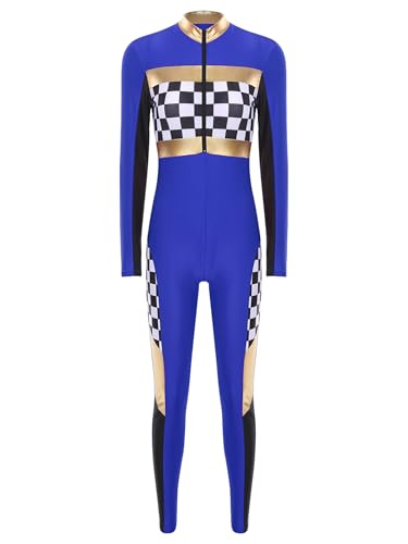Linjinx Damen Rennfahrer Kostüm Overall Jumpsuit Langarm Bodysuit Rennfahrerin Anzug Racer Kostüm Rennwagen Kostüm Halloween Karneval Party Königsblau L von Linjinx